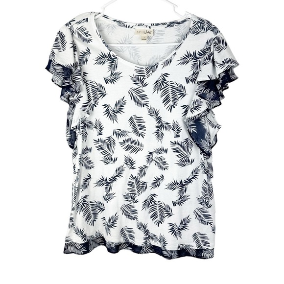Maison Jules Tropical Floral Leaf Print Flutter Sleeve Top - Picture 1 of 8